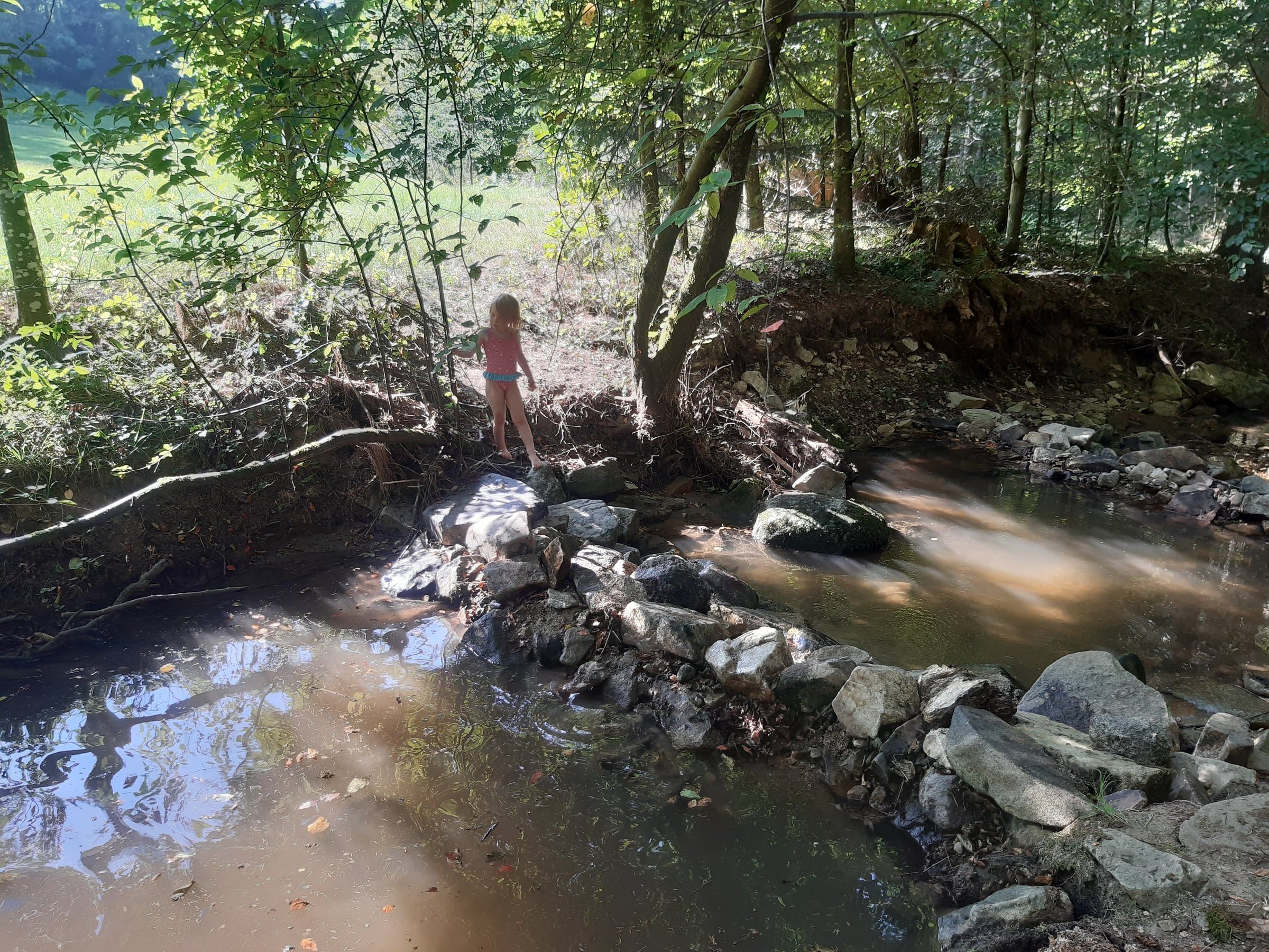 Ein Kind balanciert über die Steine am Bachlauf