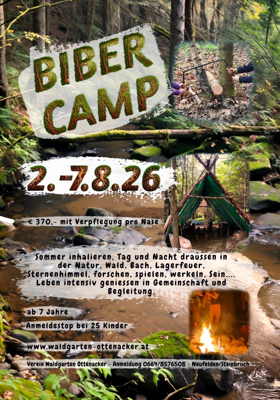 Flyer Bibercamp 2026: 2. bis 7. August 2026, 200-300 Euro mit Verpflegung, ab 7 Jahren, Anmeldestopp bei 25 TN